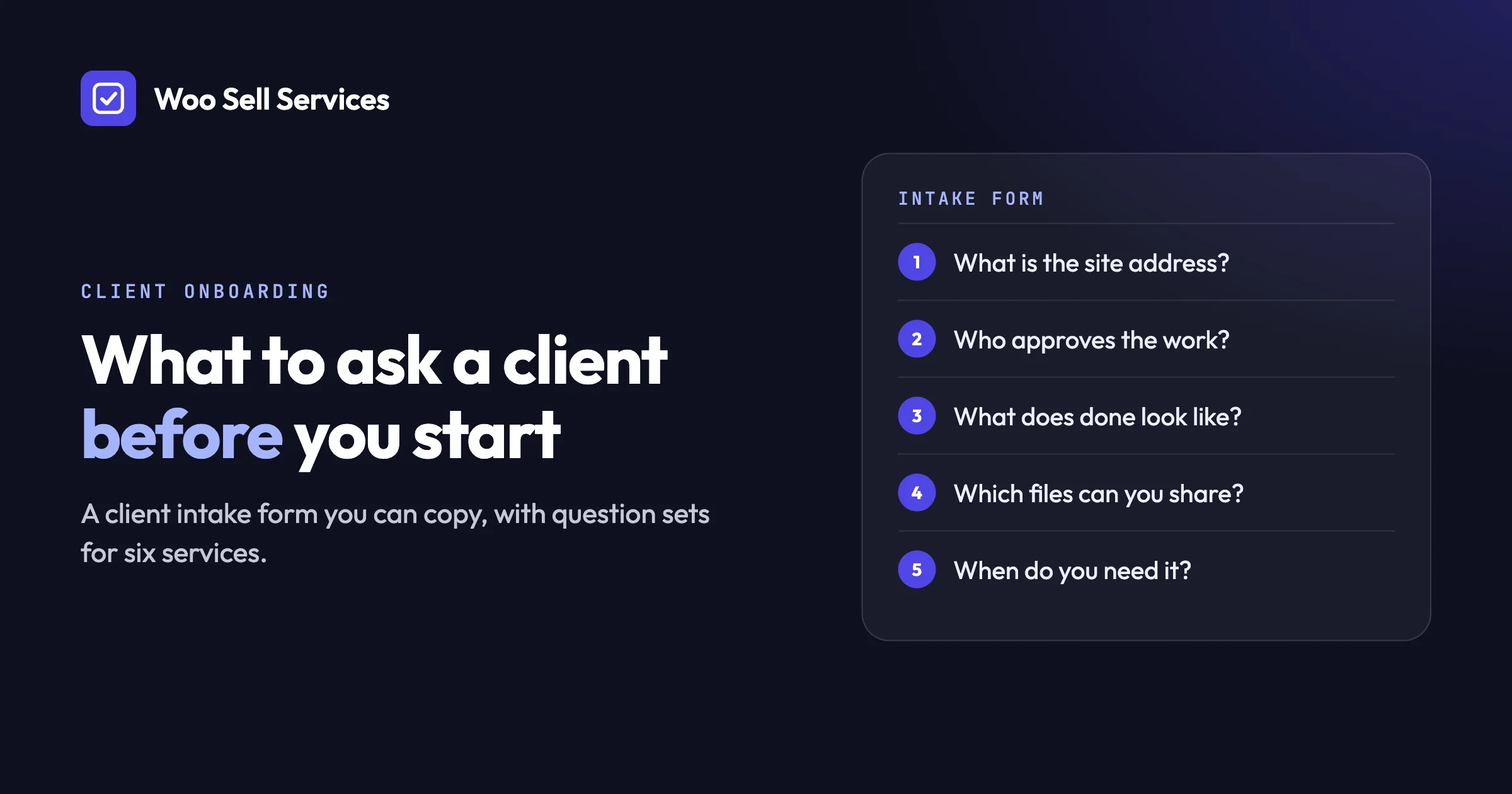 Client intake form with five numbered questions to ask a customer before work starts