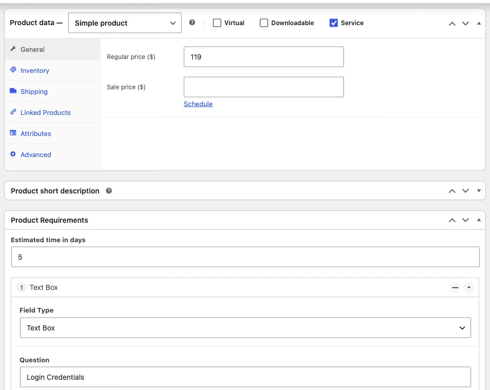 The WooCommerce Product data panel with the Service checkbox ticked and the requirement questions below it