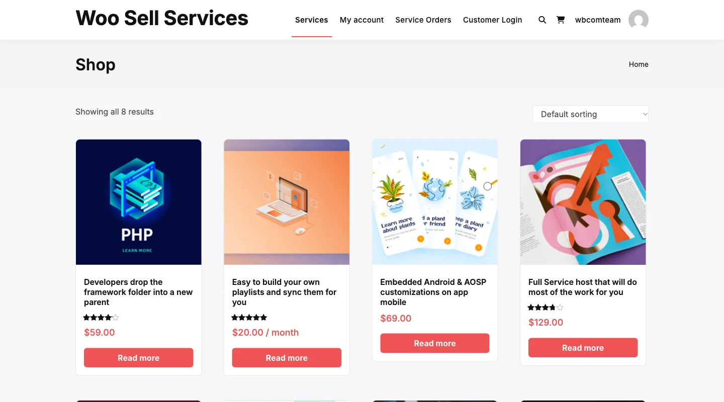A WooCommerce shop page listing services as products with prices and ratings