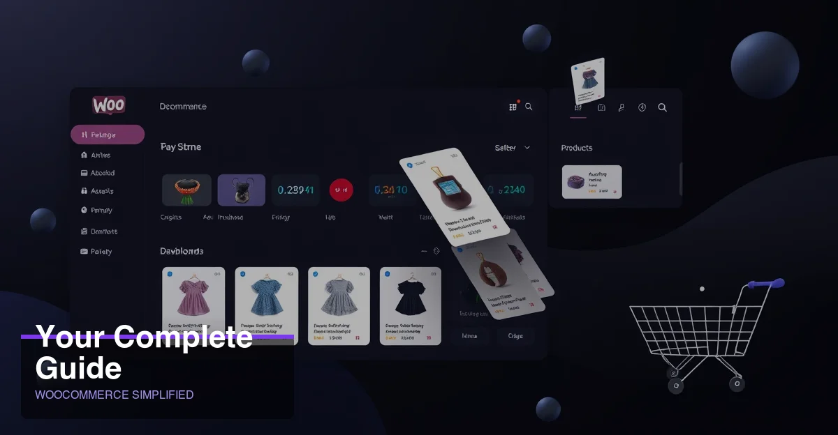 Your Complete Guide to WooCommerce - dark abstract dashboard interface with floating UI elements and product cards