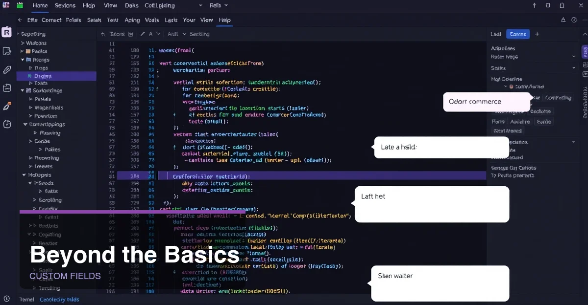 Beyond the Basics - dark developer workspace with WooCommerce custom fields code editor
