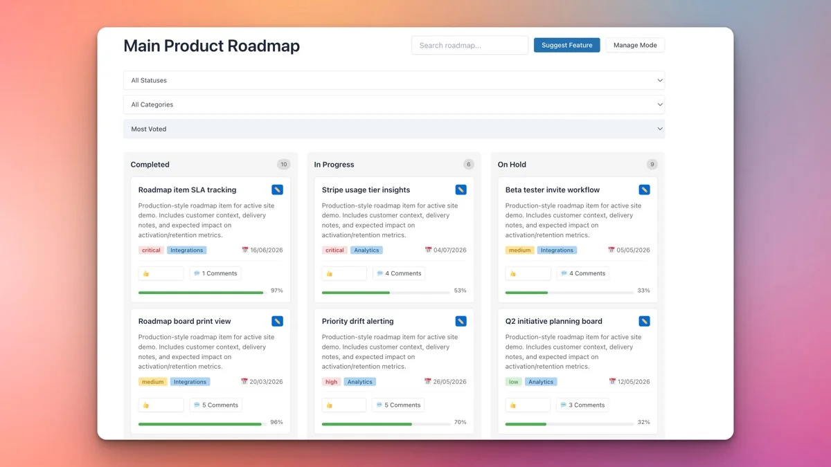 Product Roadmap kanban board showing internal team idea management with status columns