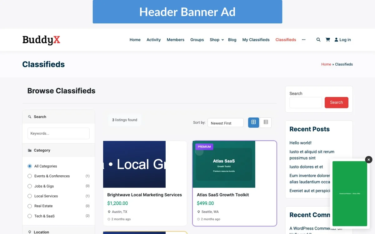 WB Ad Manager classifieds marketplace interface showing category-based listings with featured and regular ad placements