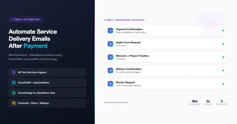 How to automate service delivery emails after a customer pays - 5-email onboarding sequence using WooCommerce, FluentCRM, AutomateWoo and Groundhogg