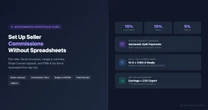 Seller commission setup guide showing 15% flat rate, 10% tier 1, 5% tier 2 structures with Stripe Connect payouts and 1099-K compliance on a WordPress marketplace