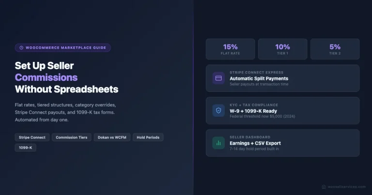 Seller commission setup guide showing 15% flat rate, 10% tier 1, 5% tier 2 structures with Stripe Connect payouts and 1099-K compliance on a WordPress marketplace