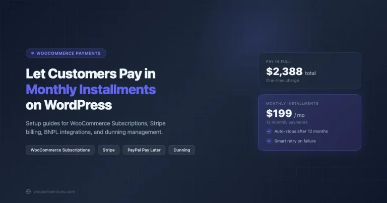 WooCommerce installment payments setup guide showing monthly $199 vs annual $2388 pricing comparison