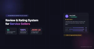 Review and rating system setup for service sellers on WordPress marketplace showing verified buyer reviews, star ratings, and JSON-LD schema markup
