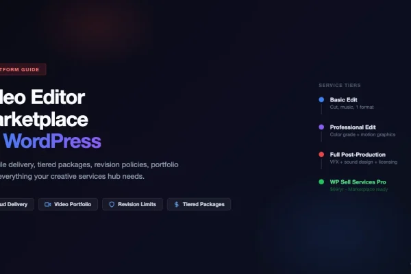 Dark cinematic design showing video editor marketplace on WordPress with service tiers: basic edit, professional edit, and full post-production
