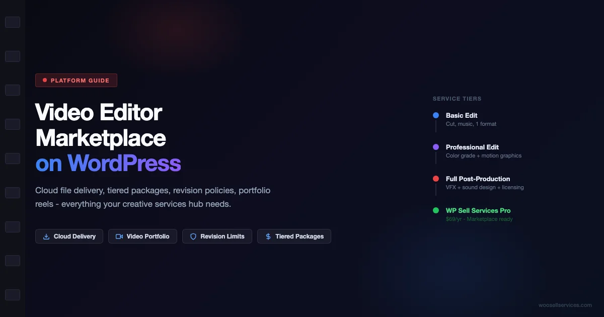 Dark cinematic design showing video editor marketplace on WordPress with service tiers: basic edit, professional edit, and full post-production