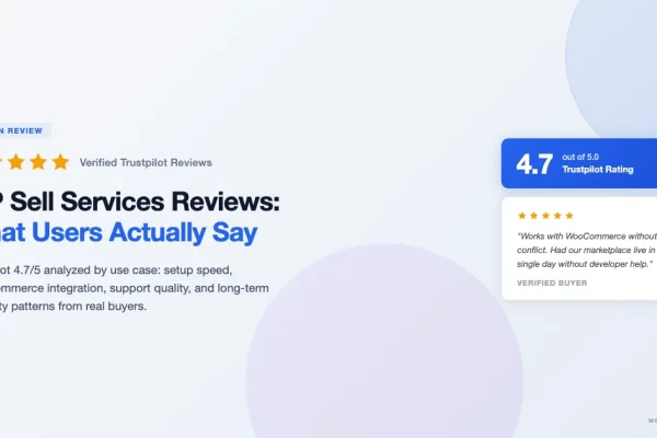 WP Sell Services plugin reviews showing 4.7 out of 5 Trustpilot rating with verified buyer feedback