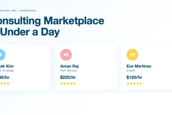 Consulting marketplace on WordPress with three consultant profile cards