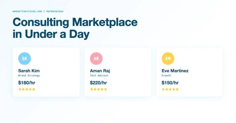 Consulting marketplace on WordPress with three consultant profile cards