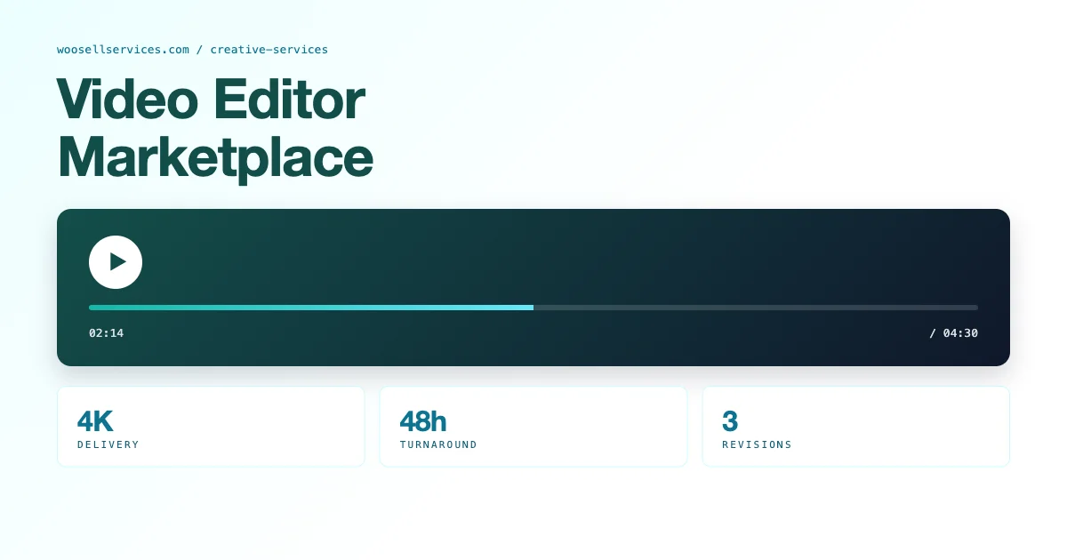 Video editor marketplace in WordPress with video player UI and 4K turnaround metrics