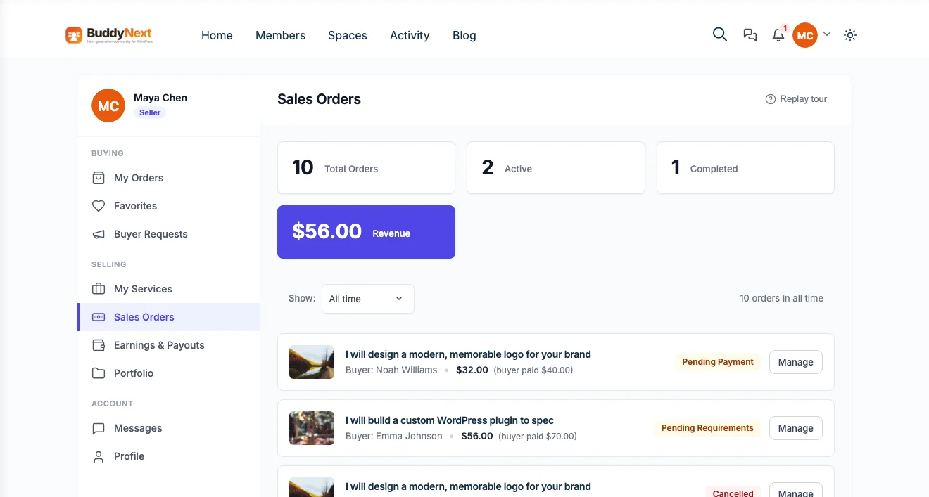 Real WP Sell Services vendor dashboard screenshot showing Sales Orders with total orders, active and completed counts, revenue, and individual order statuses