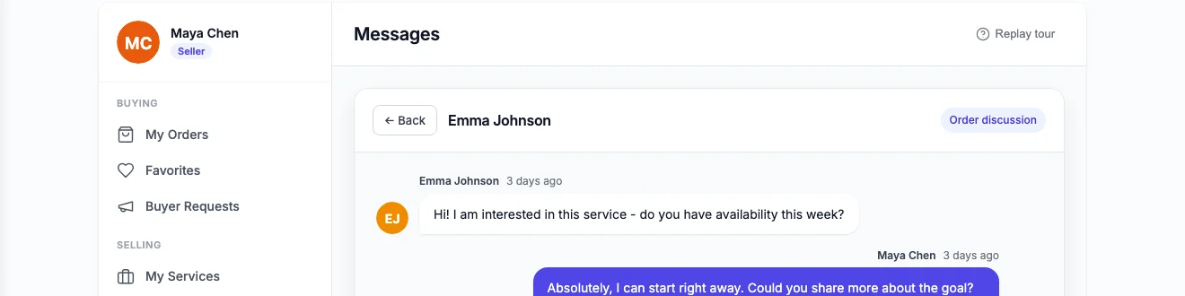 Real WP Sell Services screenshot of an order-linked message thread between a buyer and seller discussing service availability and scope