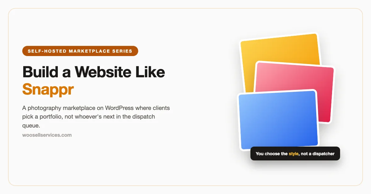 Build a website like Snappr on WordPress: a stack of three photos with a badge reading you choose the style, not a dispatcher
