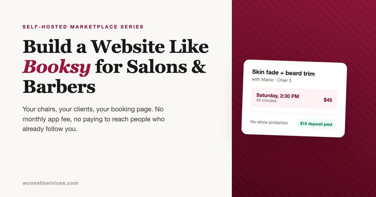 Build a website like Booksy for salons and barbers: appointment card for a skin fade and beard trim on Saturday at 2:30 PM with a 15 dollar no-show deposit paid