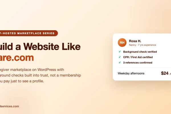 Build a website like Care.com on WordPress: caregiver profile card for Rosa H, a nanny with background check, CPR certification, and reference verification badges
