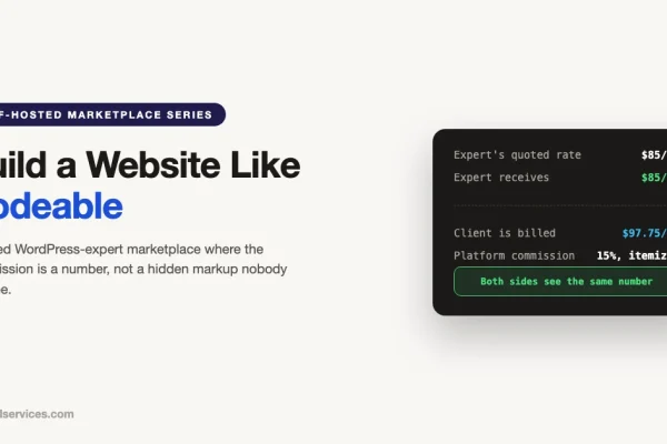 Build a website like Codeable on WordPress: transparent pricing card showing an expert's 85 dollar hourly rate paid in full, with the client billed 97.75 dollars and a 15 percent itemized commission