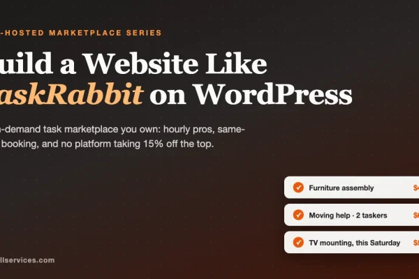 Build a website like TaskRabbit on WordPress: task cards for furniture assembly, moving help, and TV mounting with hourly rates on a dark amber background