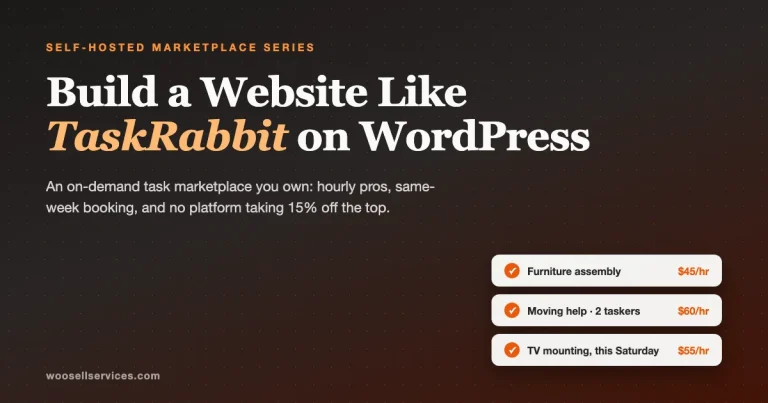 Build a website like TaskRabbit on WordPress: task cards for furniture assembly, moving help, and TV mounting with hourly rates on a dark amber background