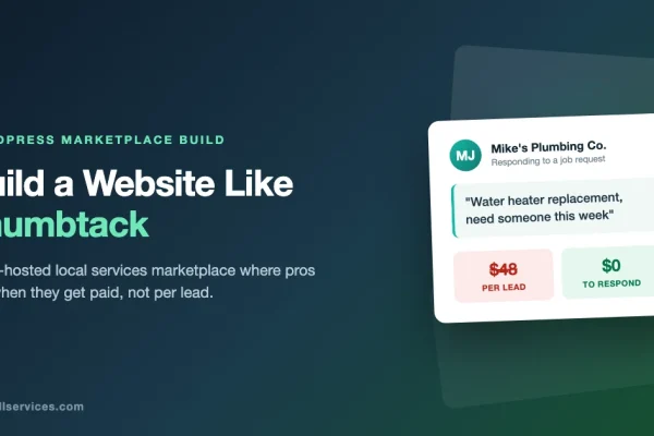 Build a website like Thumbtack with WordPress: a plumber's job request card showing $48 per lead crossed out versus $0 to respond on a self-hosted marketplace
