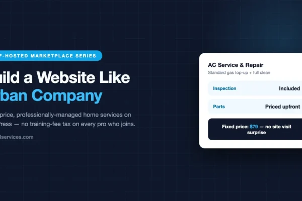 Build a website like Urban Company on WordPress: fixed-price AC service and repair card showing included inspection, upfront parts pricing, and a $79 flat rate