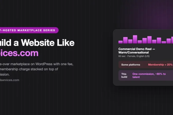 Build a website like Voices.com on WordPress: a commercial demo reel waveform card comparing a membership plus 20 percent fee stack on some platforms versus one commission keeping about 85 percent for talent on this build