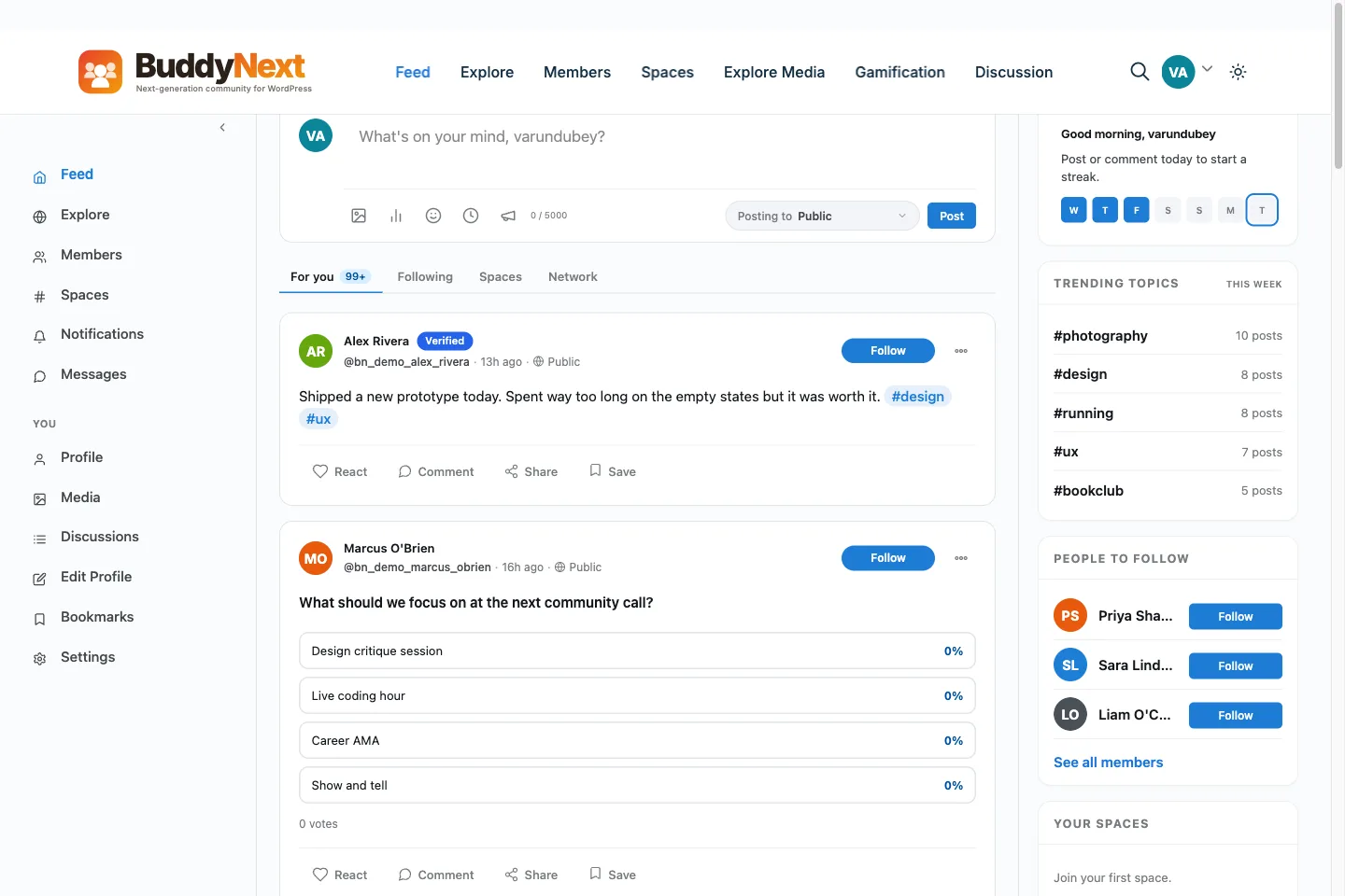 BuddyNext activity feed, an example of a repeat buyers community layer keeping past buyers connected to vendors