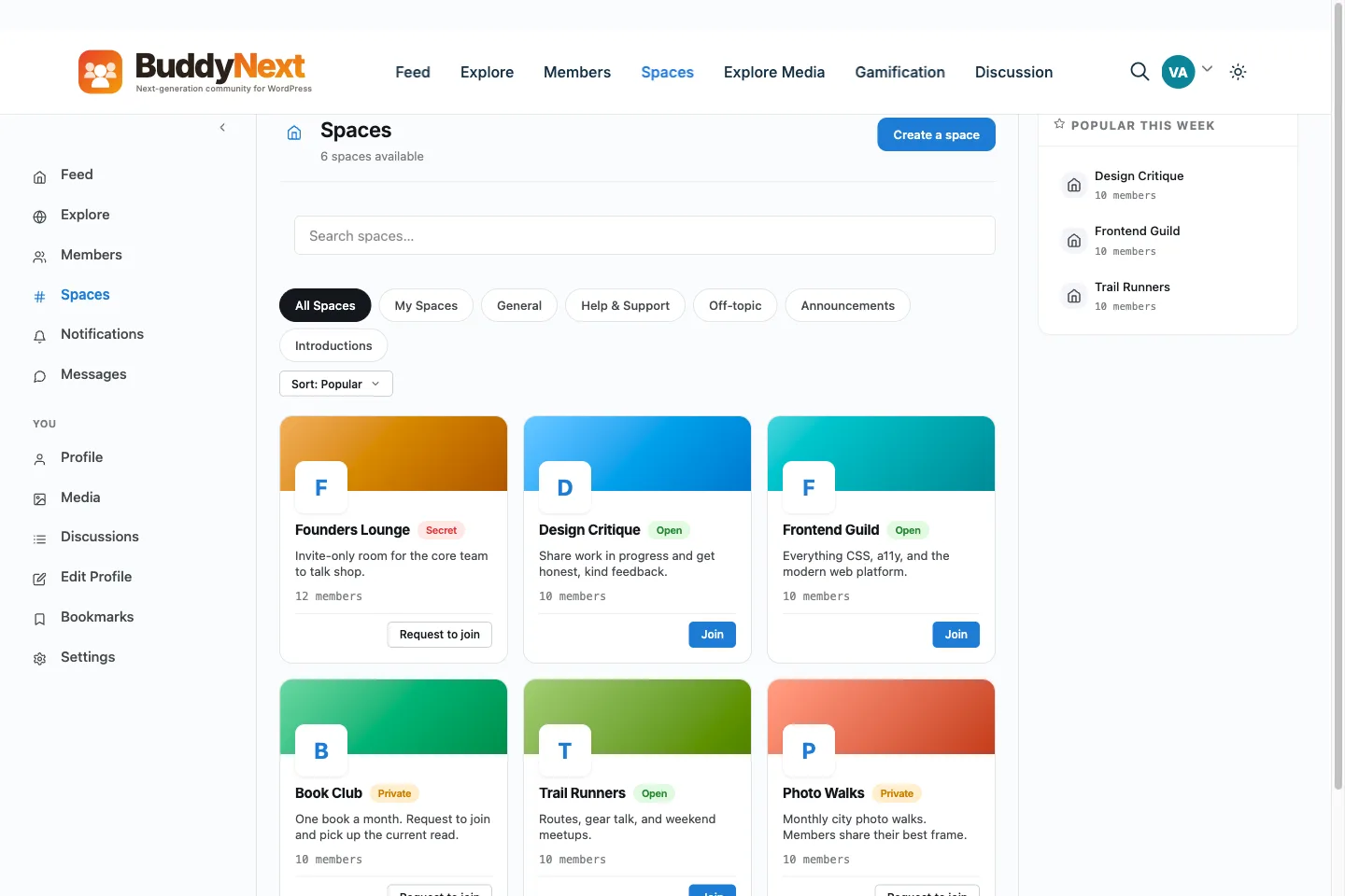 BuddyNext Spaces interface giving freelancers a reason to check in between gigs
