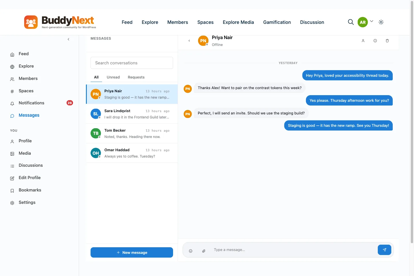 BuddyNext messaging interface used to keep freelancers connected to past clients between gigs