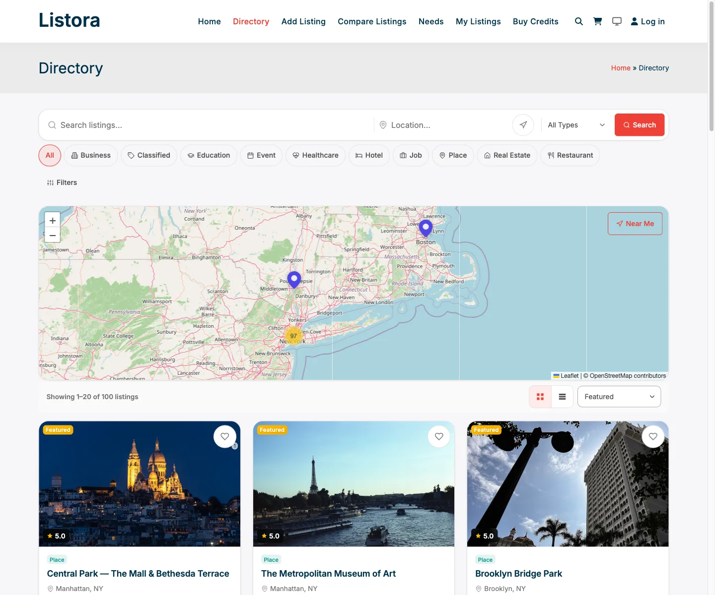 Listora directory search interface built for near me searches with distance, rating, and amenity filters