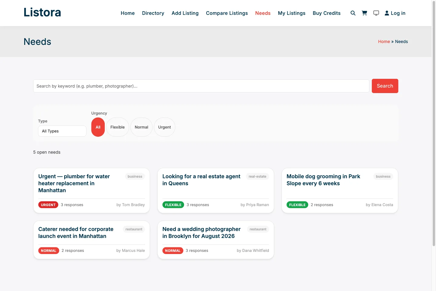 Listora Needs Marketplace screen where visitors post needs and businesses respond, a reverse directory feature