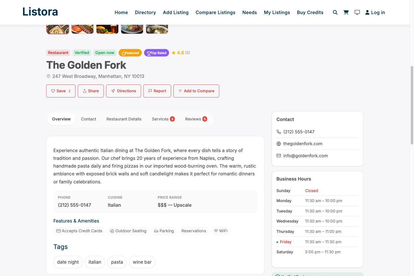 Listora listing detail page showing verified vendors with reviews and an owner reply