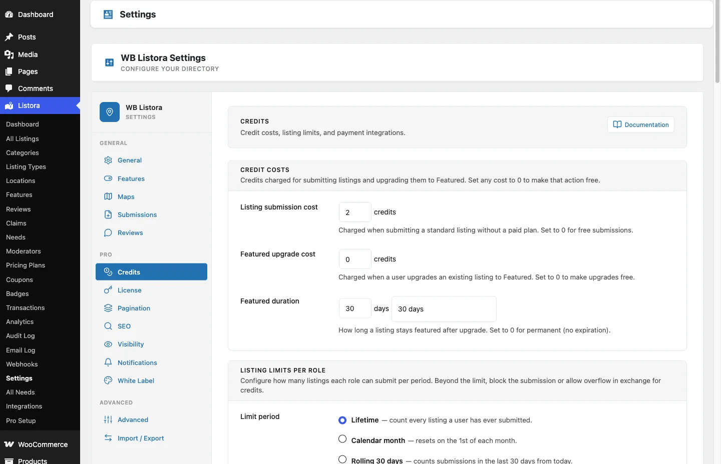 Listora admin screen showing credit based paid listing plans, Free, Featured, Premium, and Sponsored