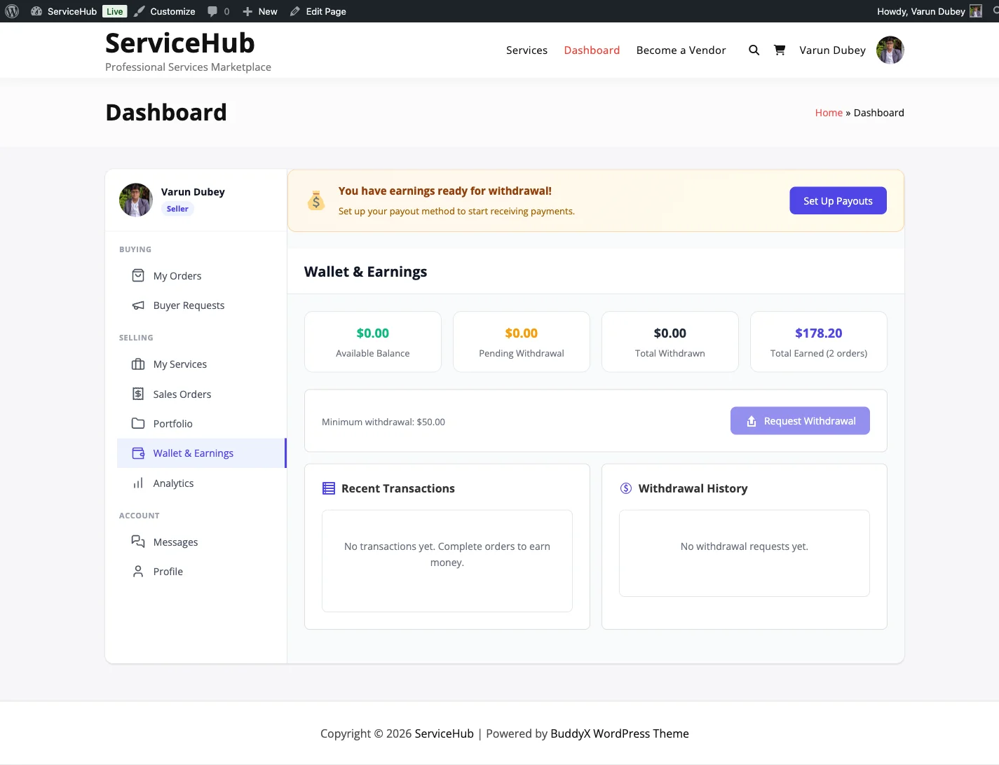 Vendor earnings dashboard in WP Sell Services showing income tracking without platform commission deductions