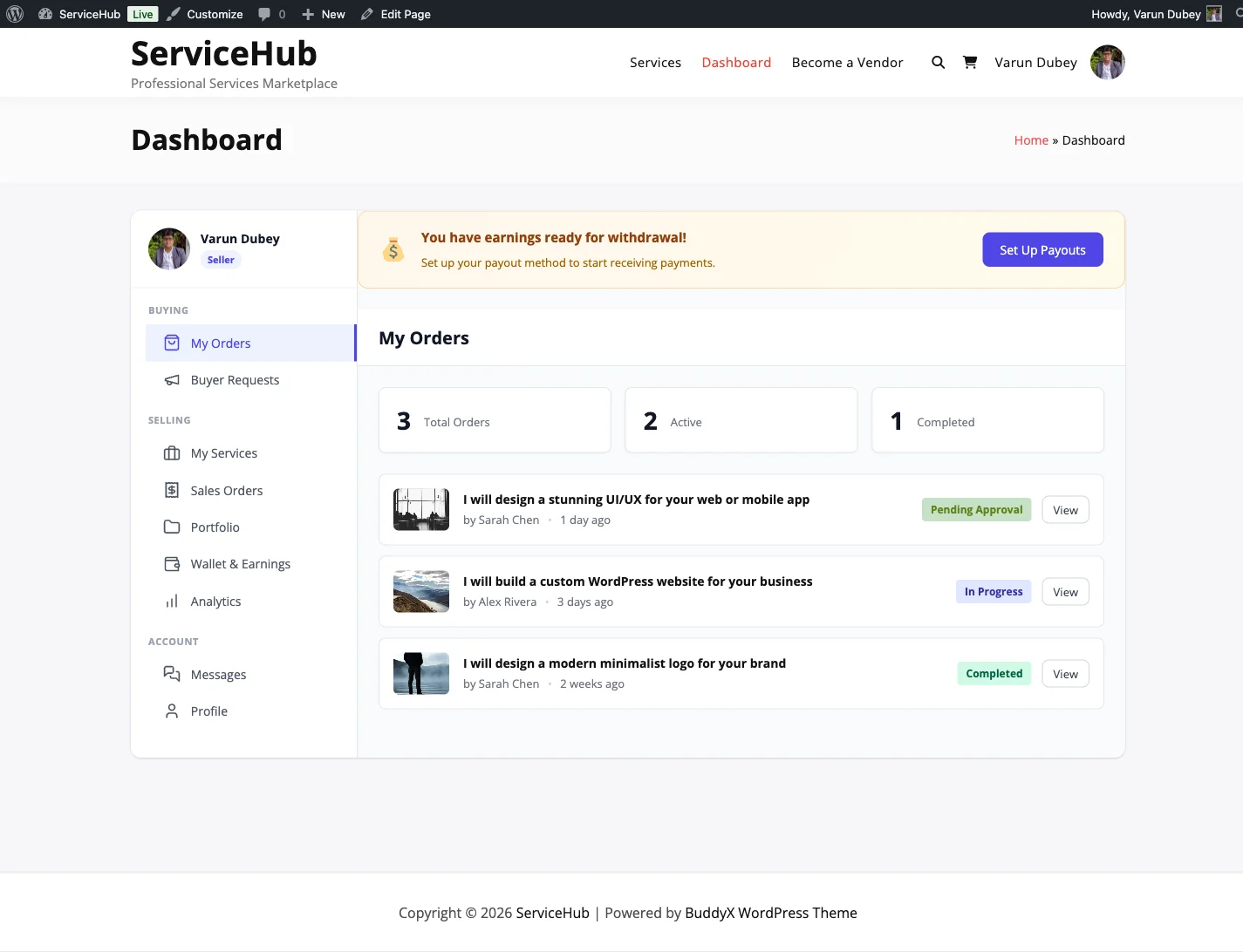 Vendor dashboard overview in WP Sell Services showing orders, earnings, and service management for a niche service marketplace