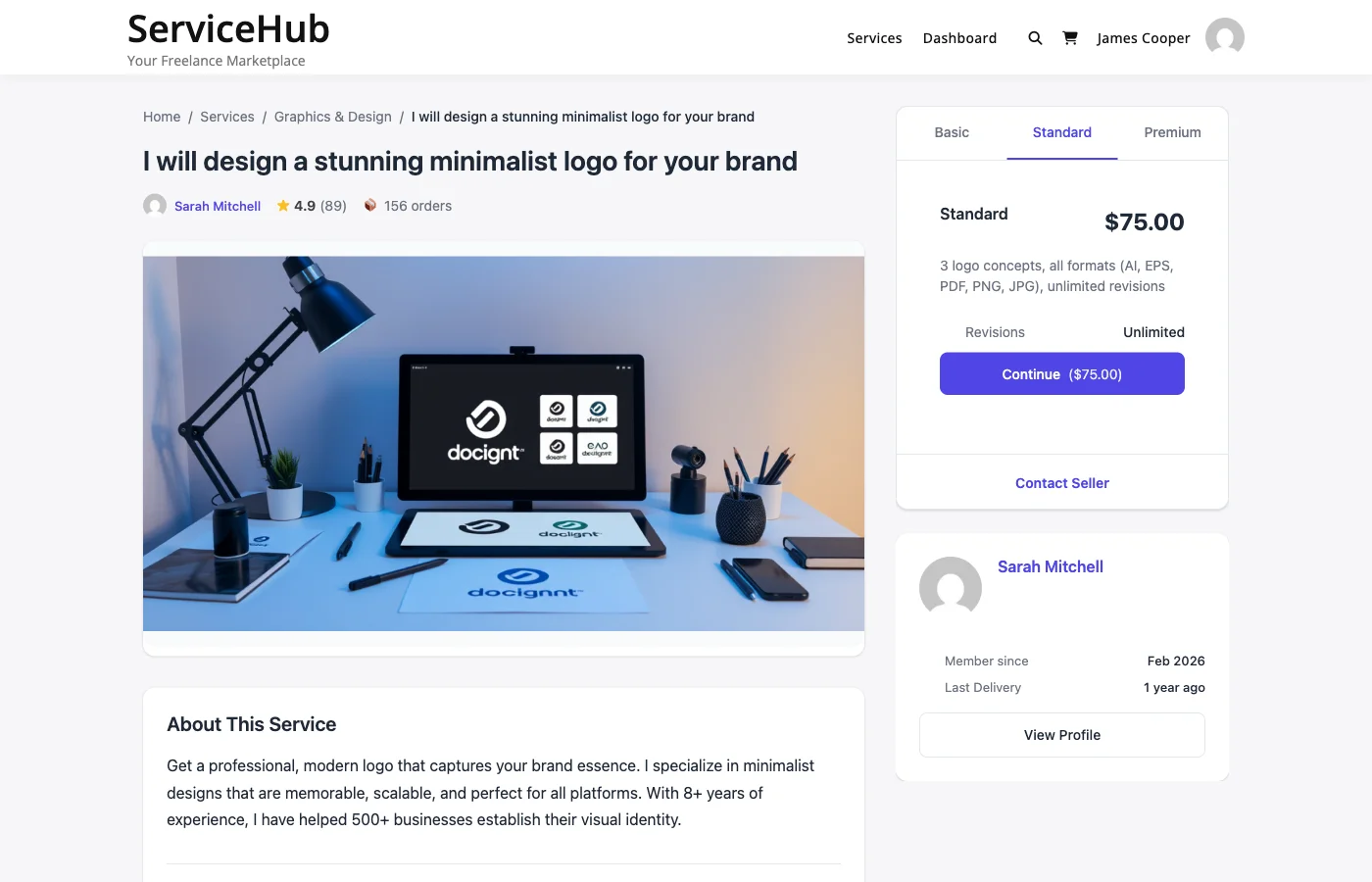 Frontend tiered pricing package cards in WP Sell Services showing Basic, Standard, and Premium service packages