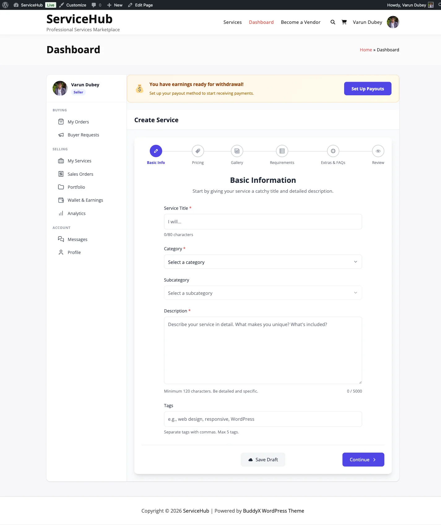 Vendor service creation wizard in WP Sell Services showing pricing tier setup for a service listing