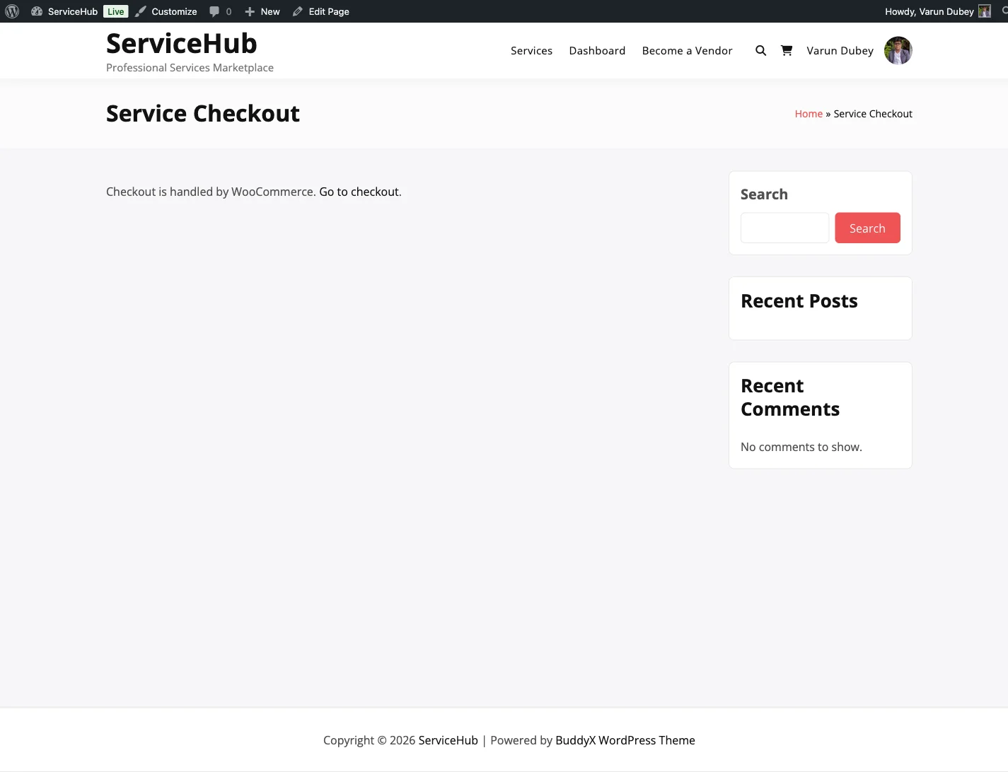 Standalone checkout flow in WP Sell Services showing billing details and payment method selection without WooCommerce