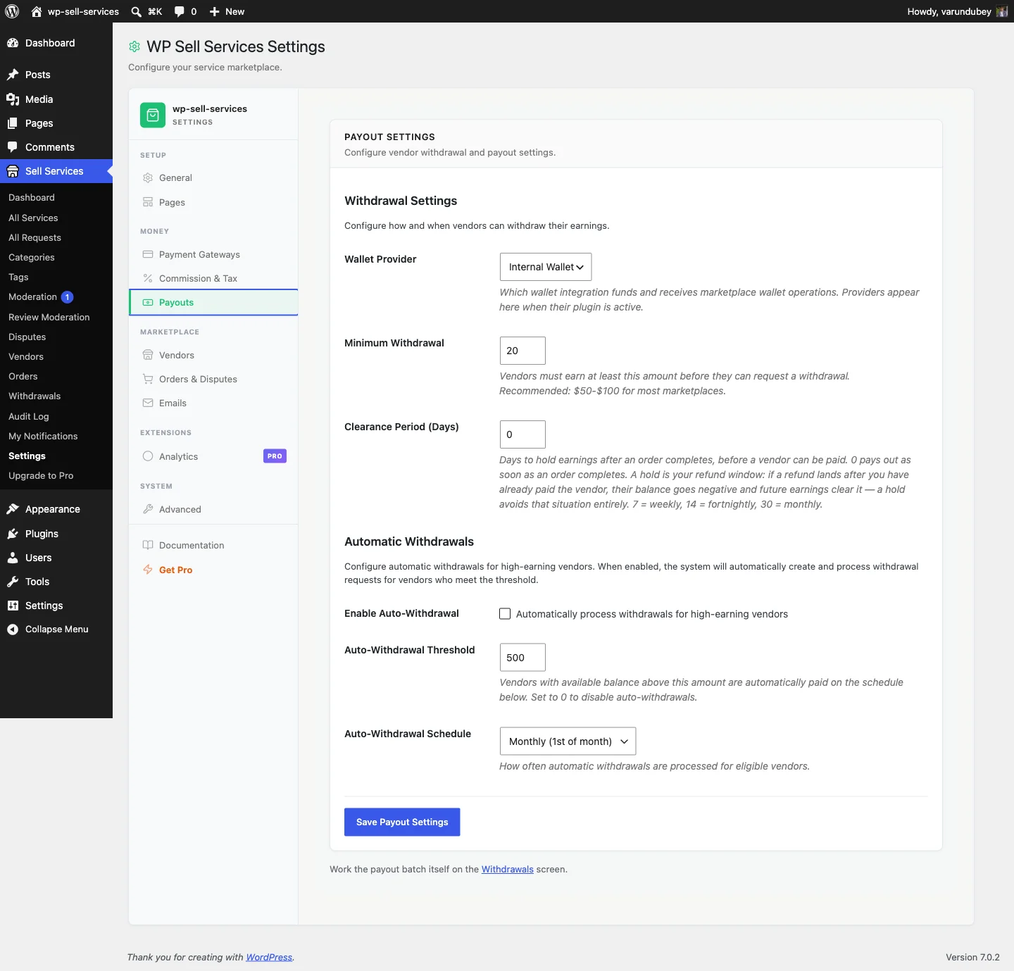 Automated payouts settings tab in WP Sell Services showing scheduled auto-withdrawal threshold and schedule options