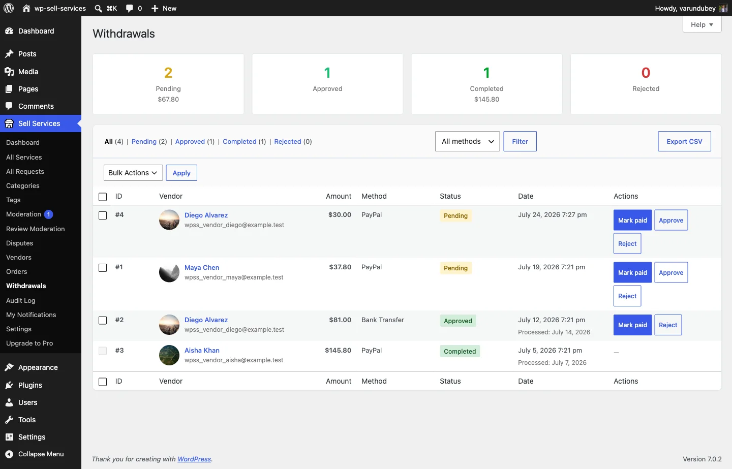 Admin withdrawals queue in WP Sell Services showing pending vendor payout requests including auto-withdrawals