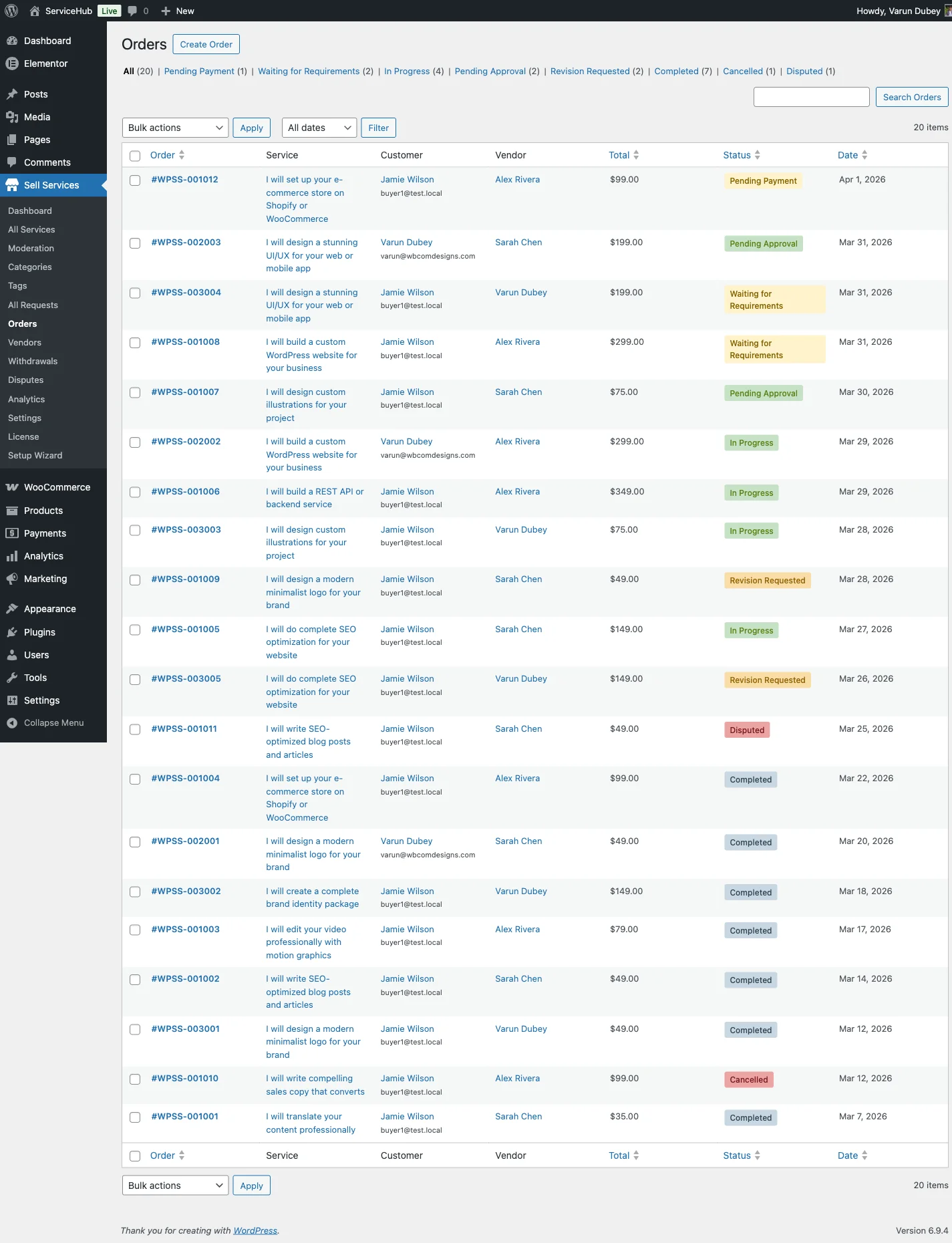 Admin orders screen in WP Sell Services showing all 11 order statuses as filter tabs including disputed and revision requested