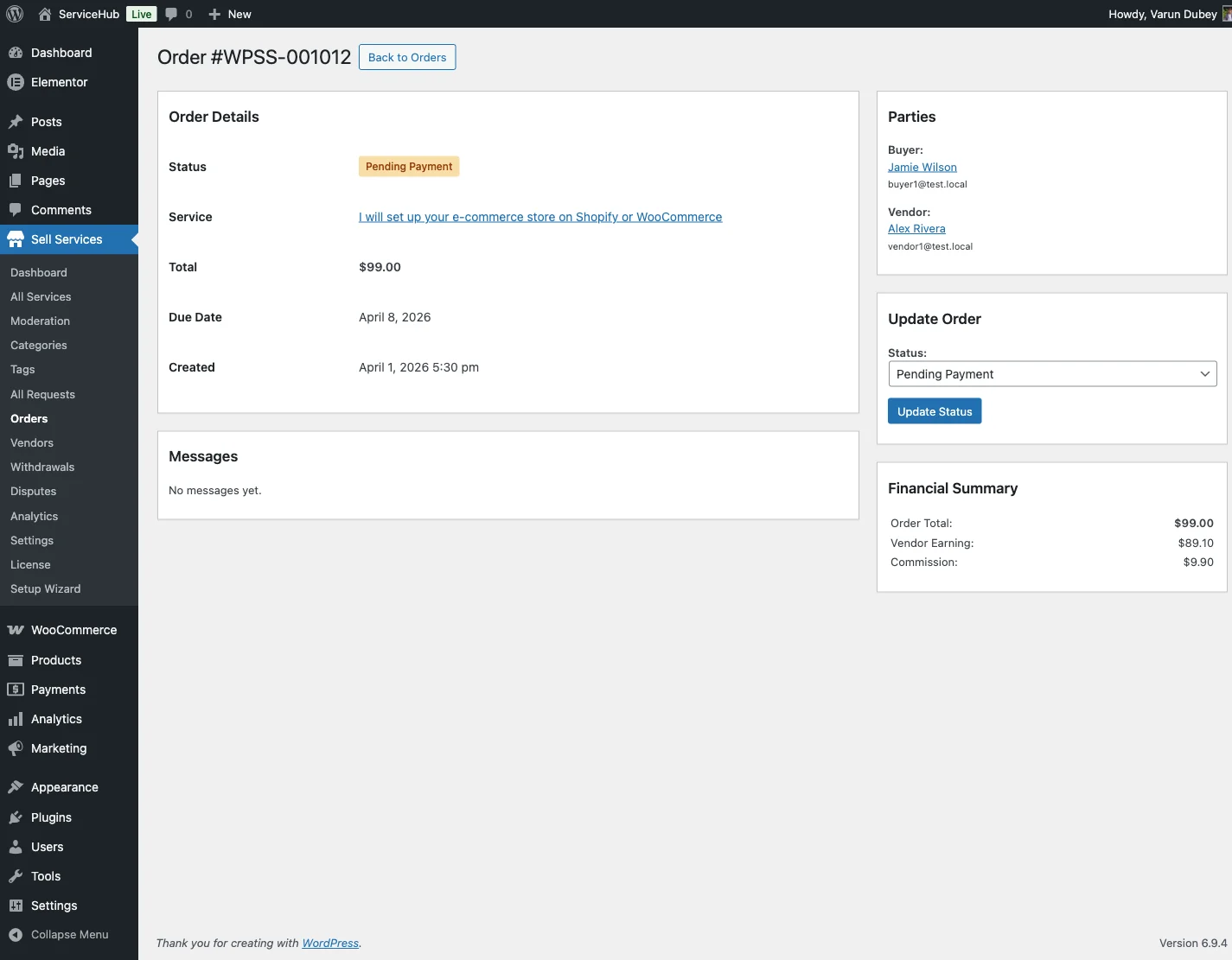 Admin order detail view in WP Sell Services showing order status, timeline, and conversation for a single order