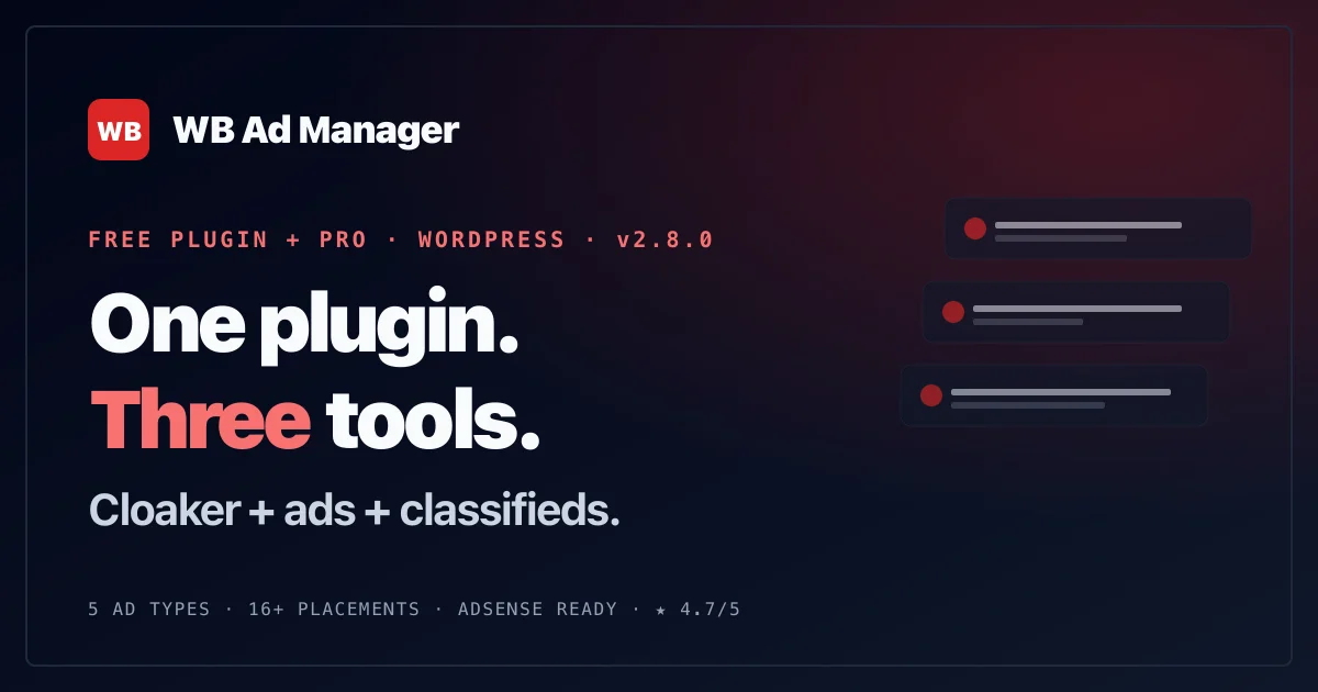 WB Ad Manager scheduling and click tracking used for sponsored vendor placements on a WordPress marketplace