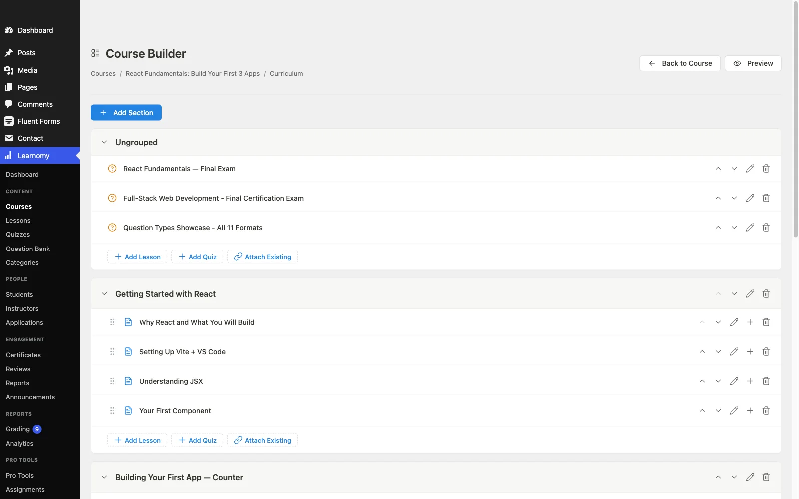 Learnomy's front-end drag-and-drop course builder