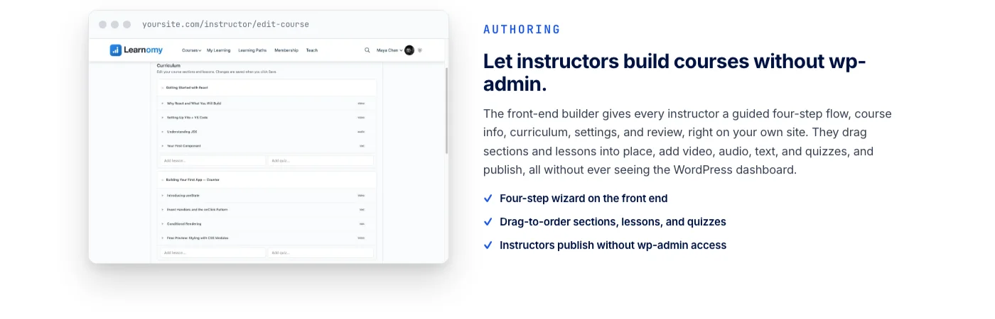 Learnomy front-end course builder letting a solo course creator build lessons without touching wp-admin