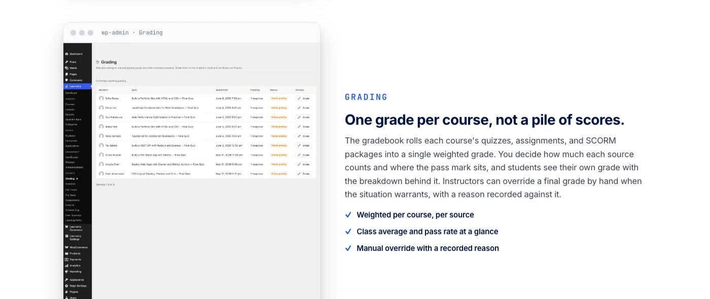 Learnomy gradebook rolling a coaching program quizzes and assignments into one weighted grade for progress check-ins