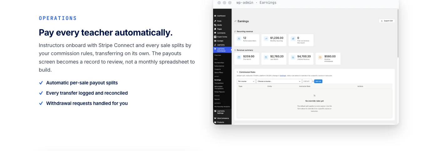 Learnomy instructor revenue sharing dashboard for course creators adding co-instructors